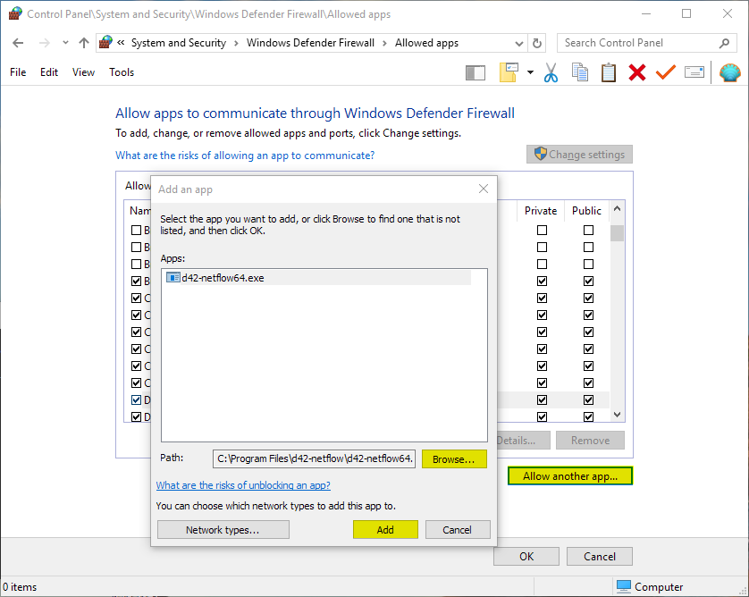 Add D42Netflow to Windows firewall exceptions