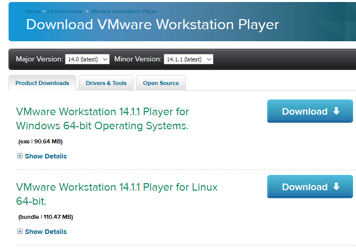 VMware Player Download Screen
