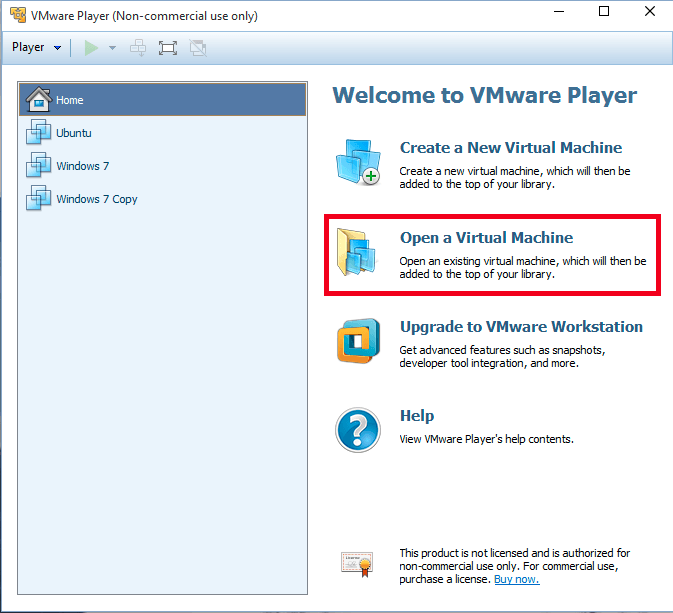 Open a VM in VMware Player