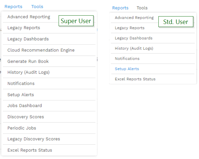 Reporting menu super user vs std user