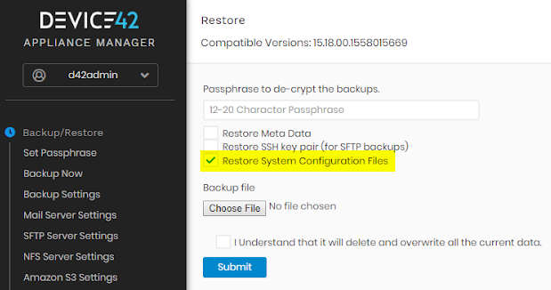 Restore Device42 configuration files option